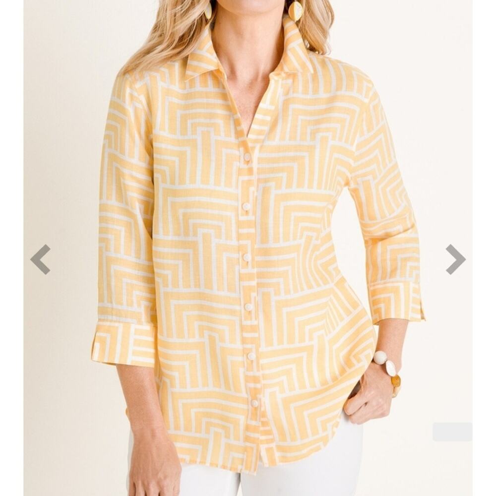 Chico's Womens Linen Top Maze Print Yellow Button Front Medium No Iron Blouse‎